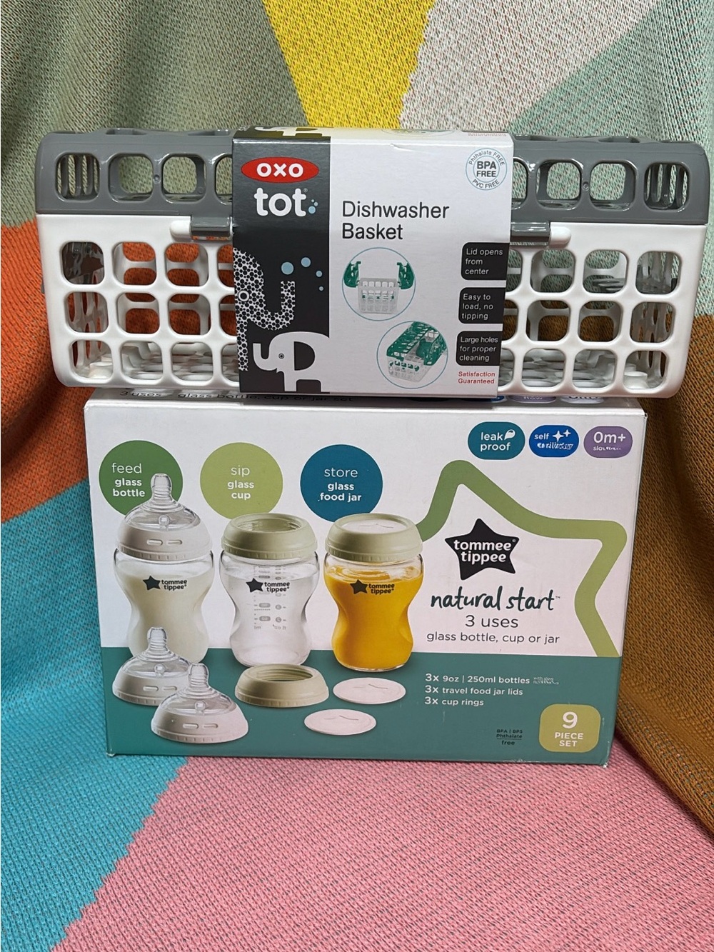 Tommee Tippee Glass Natural Start Bottle Set and OXO Tot Dishwasher Basket